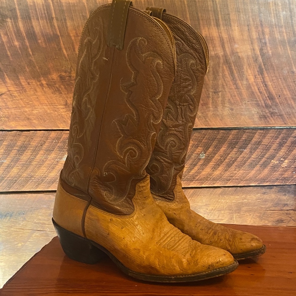 Ostrich leather Men's Western Cowboy Boots - Classic Tan/Brown Leather Sz 8EE